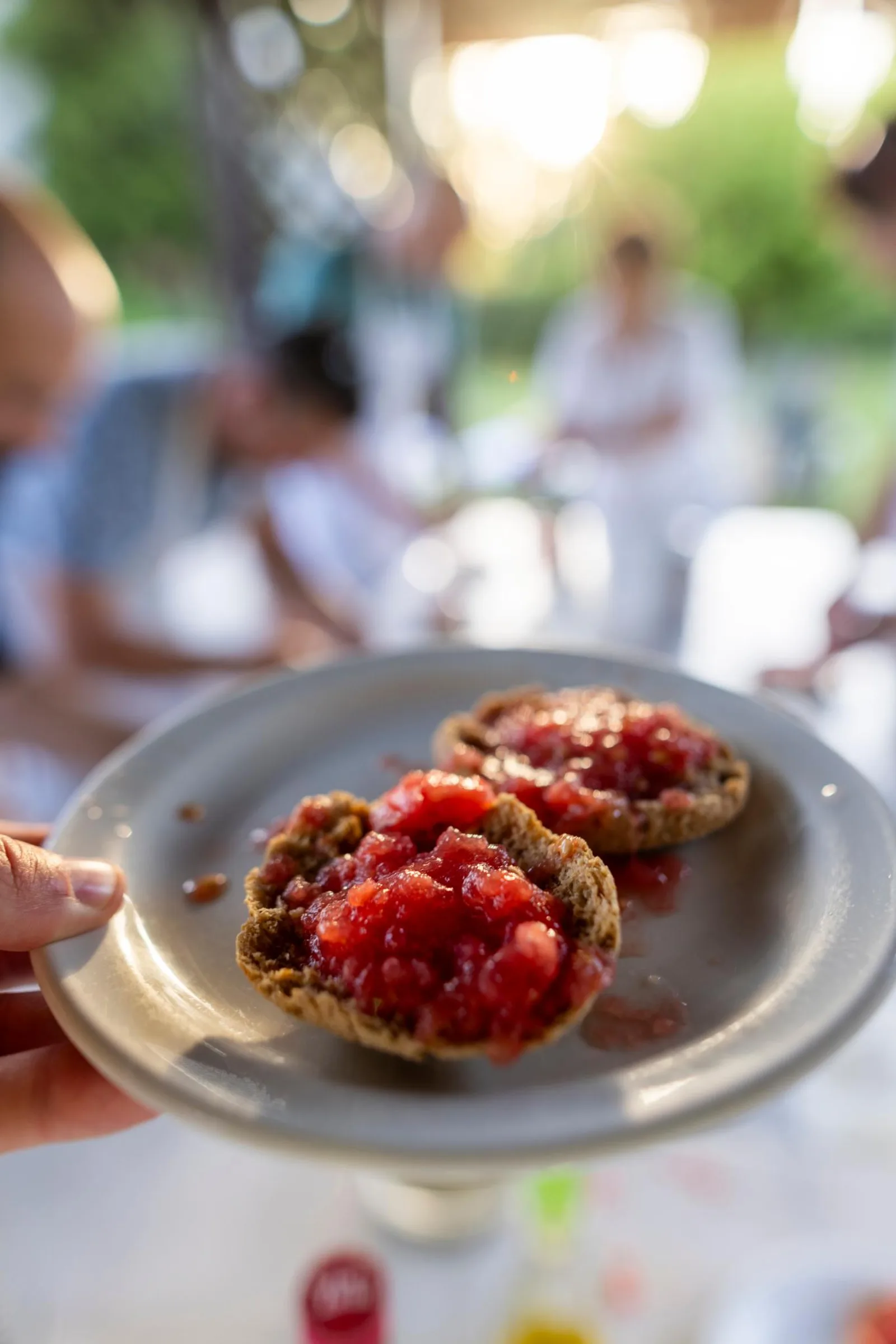 A hand holding a plate of dakos topped with fresh tomato, other guests blurred in the garden behind