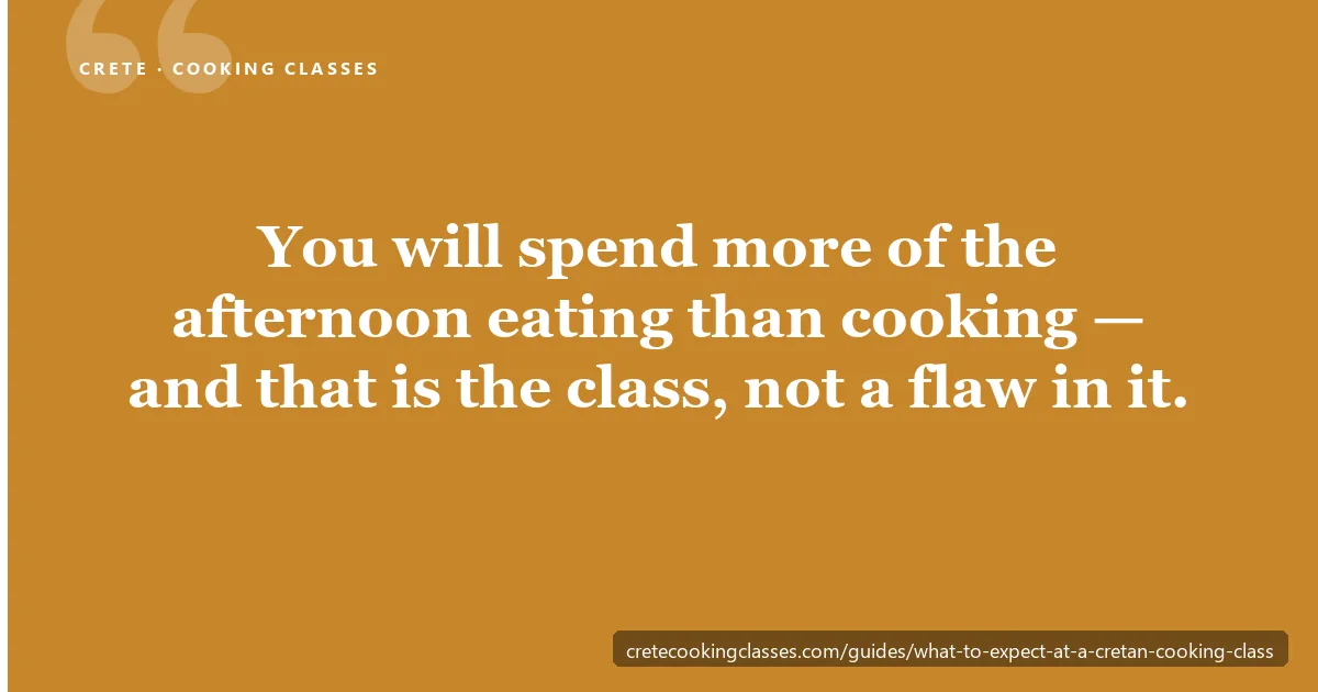 A four-hour Cretan cooking class is roughly 90 minutes of cooking and two hours at the table